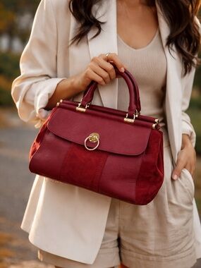 LC Lauren Conrad Burgundy Leather Satchel Gold Hardware Top Handle Bag